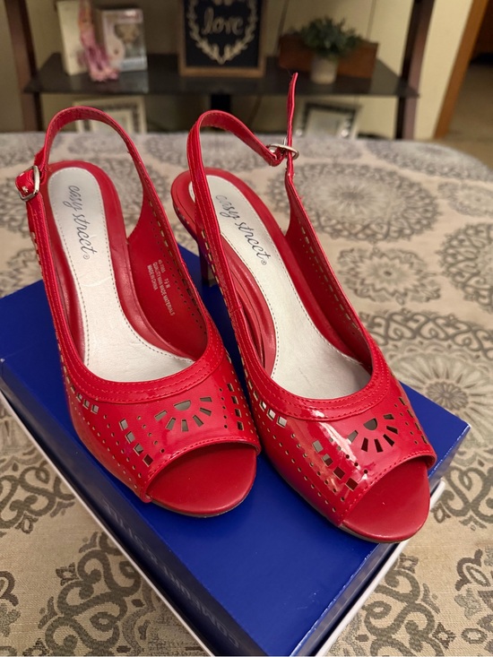 easy street Shoes - easy street Red Laser-Cut Patent Peep-Toe Slingback Heels